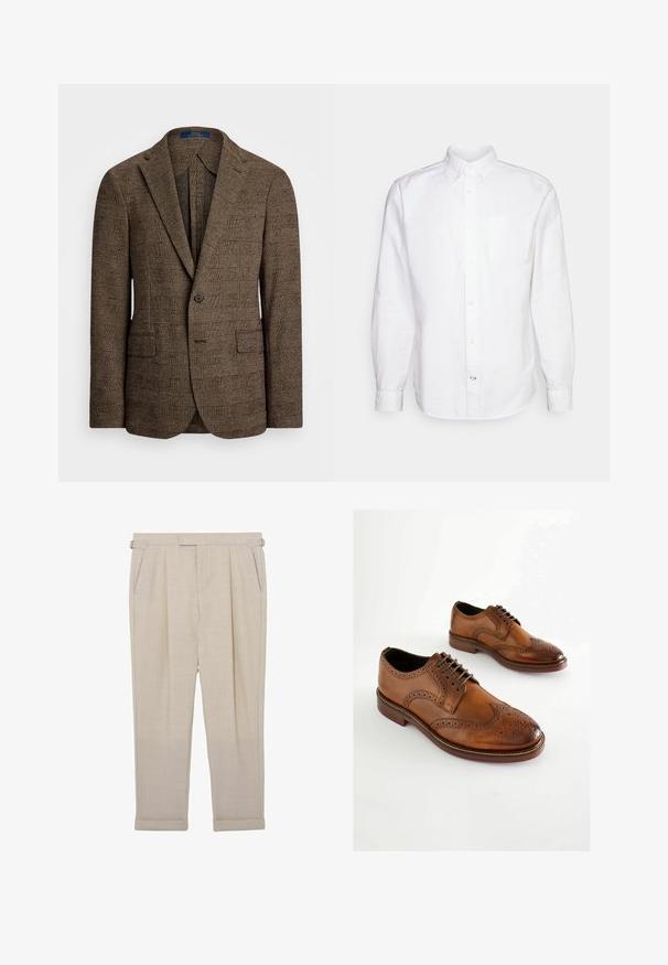 Brun ternet blazer med skrålapel, to frontlommer og enkeltknaplukning. Den strukturerede stof giver dybde til designet.; GAP STANDARD OXFORD - Skjorter - white; Beige skræddersyede bukser med justerbare stropper i siderne, plisseringer, sidelommer og opsmøgede kanter, vist fladt på en hvid baggrund.; Brune læder Oxford-sko med perforeret detaljering, snørelukning og rund tå. Glat tekstur og kontrastsål.