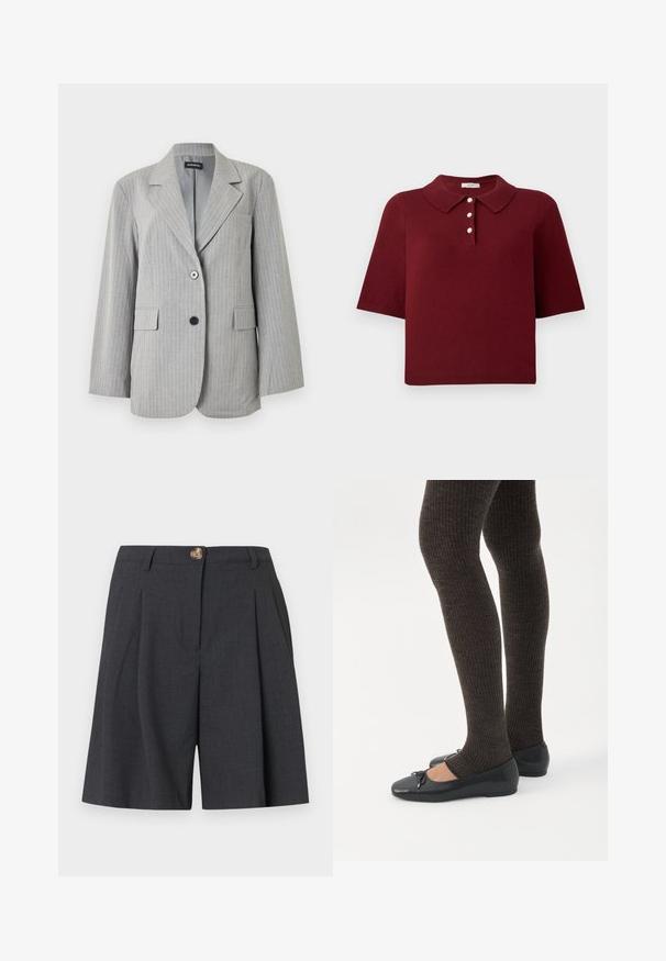 Blazer gris clair à fines rayures avec revers crantés, deux poches avant à rabat et deux boutons de couleurs différentes sur la fermeture avant.; Polo en maille bourgogne avec manches courtes, col classique et patte de boutonnage à quatre boutons ronds blancs.; Shorts gris foncé ajustés avec passants pour ceinture, fermeture par bouton à l'avant et plis, conçus pour un look formel ou professionnel décontracté.; Jambes portant des leggings côtelés foncés associés à des ballerines noires avec de petits détails en nœud sur fond blanc.