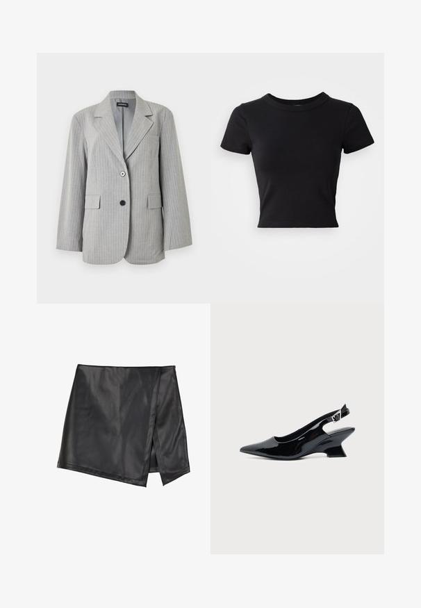 Blazer gris clair à fines rayures avec revers crantés, deux poches avant à rabat et deux boutons de couleurs différentes sur la fermeture avant.; T-shirt noire courte en coton solide, à manches courtes et col rond, avec un design lisse et simple.; Even&Odd by Zalando Minijupe - black; Chaussure slingback en cuir verni noir avec bout pointu et petit talon bloc incliné sur fond clair uni.