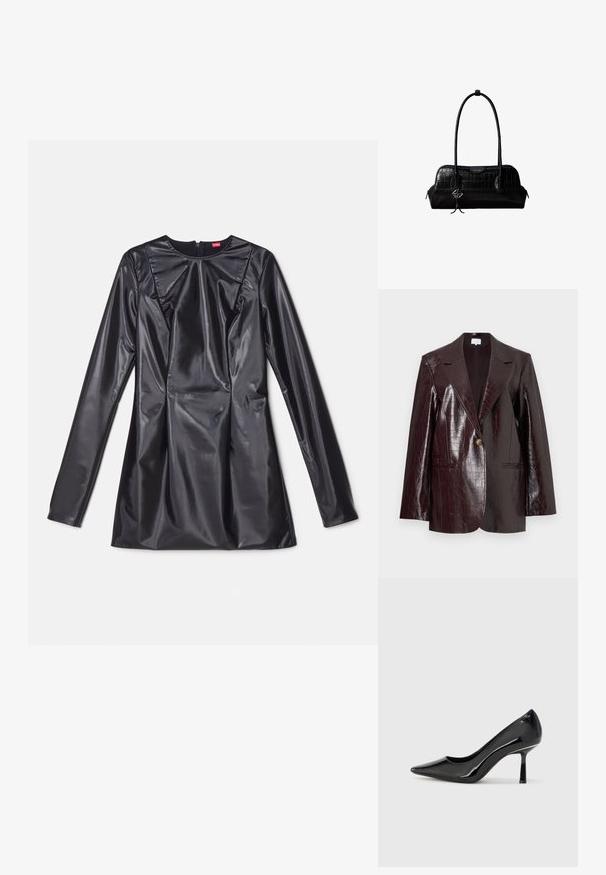 Tume burgundia kunstnahk bleiser, krokodillimustriga, ühe nööbiga kinnitusega, vöökaelusega ja kahe eesmise taskuga.; 032c TRAPEZE TOO TIGHT MINI DRESS - Kokteilikleit/peokleit - black luster; Must musta säärik kõrge kontsaga king, millel on terav varvas, voolujooneline disain ja peen stiletto konts, millel on sile ja läikiv tekstuur.; Mustast krokodillinahast õlakott pikkade rihmade ja ühe rihma peal väikese hõbedase logoga ripatsiga.