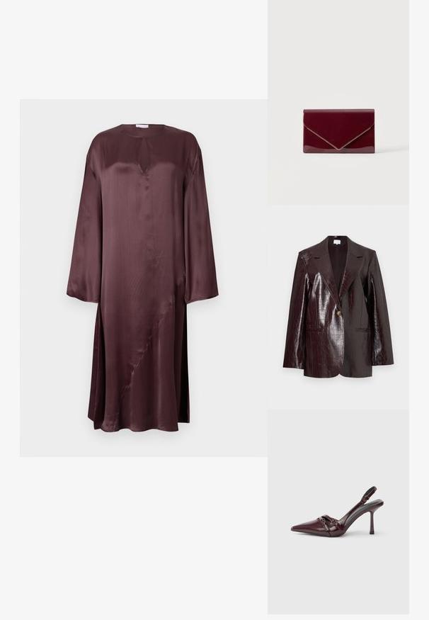 Mørk burgunder faux læder blazer med krokodille-textur, enkelt knaplukning, skrå lapels og to forlommer.; Satin kjole i dyb burgunder med lange ærmer, en nøglehulsudskæring og et skrå søm detaljer. Glat tekstur, løs pasform, mellemlang design.; Bourgogne laklæder slingback-hæl med spids tå, tynd ankelrem og lille dekorativ spænde. Glat tekstur og høj hæl.; Blank mørkerød konvolut-style clutch taske med guldkant langs klappens kant på en ensfarvet lys baggrund.