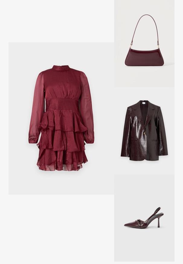 Mørk burgunder faux læder blazer med krokodille-textur, enkelt knaplukning, skrå lapels og to forlommer.; Langærmet burgundy kjole med gennemsigtige ærmer, høj halsudskæring, tætsiddende liv og lagdelt flæsekant.; Bourgogne laklæder slingback-hæl med spids tå, tynd ankelrem og lille dekorativ spænde. Glat tekstur og høj hæl.; Mørk burgunderglans håndtaske med et enkelt tyndt håndtag og en elegant, trapezformet form på en ensartet lys baggrund.