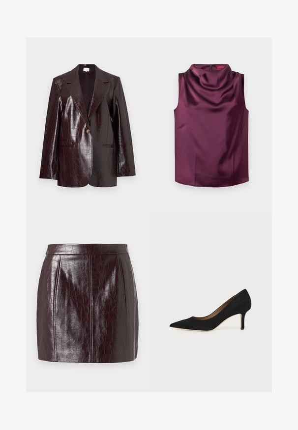Mørk burgunder faux læder blazer med krokodille-textur, enkelt knaplukning, skrå lapels og to forlommer.; Bordeaux ærmeløs top fremstillet af glat satin med en cowl halsudskæring og en skjult lynlås bagpå. Flad søm, ingen synlige mønstre.; Bordeaux faux-lædernederdel med et struktureret krokodillemønster, med høj lænd og to lodrette sømme for struktur.; Sort ruskind spids tå højhælet pumpe med en slank mellemhøj stilethæl og et lavt snit på en ensfarvet baggrund.