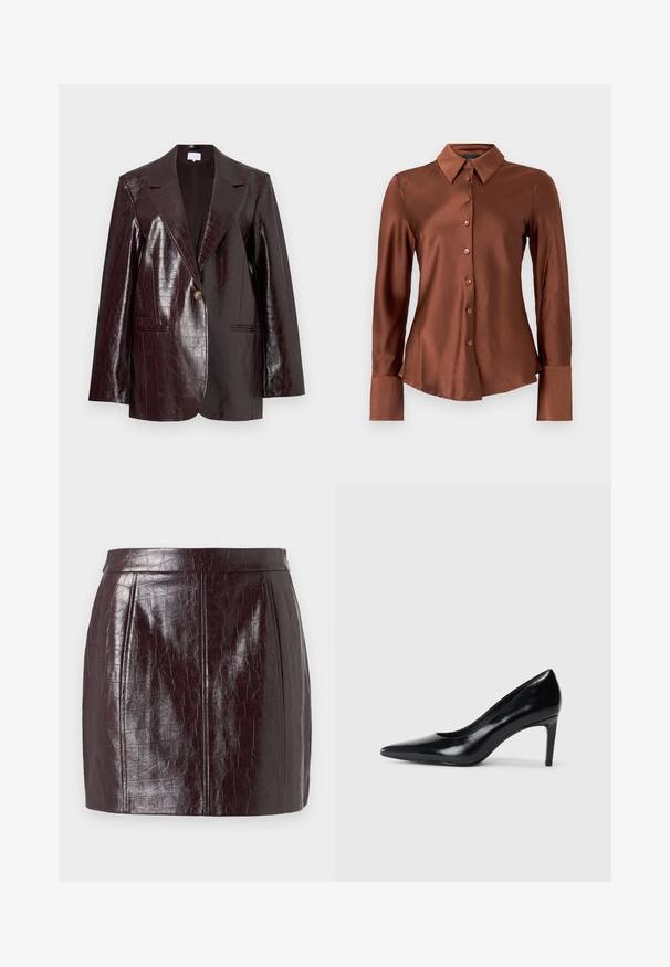 Donker bordeaux nep leren blazer met een krokodillenhuidstructuur, enkele knoopsluiting, notch-revers en twee voorkoze.; Bruine satijnen blouse met lange mouwen, knoopsluiting aan de voorkant en een puntige kraag. Heeft een gestructureerde afwerking en een gebogen zoom.; Bordeaux neplederen rok met een gestructureerd krokodillenpatroon, met een hoge taille en twee verticale naden voor structuur.; Zwarte leren hoge hak met een spitse neus, een gladde textuur en een tapse hak. Minimalistisch ontwerp, geen extra versieringen.