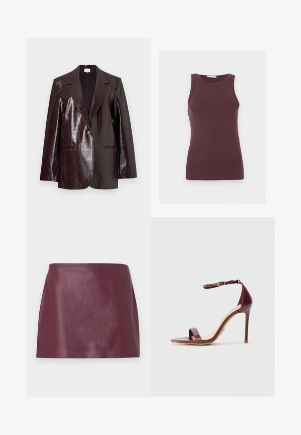Donker bordeaux nep leren blazer met een krokodillenhuidstructuur, enkele knoopsluiting, notch-revers en twee voorkoze.; Mouwloze donkerpaarse aansluitende tanktop met ronde halslijn en subtiel logo bij de zoom, weergegeven op een effen lichte achtergrond.; Mini-jurk van gladde bordeauxrode leren met een rechte snit en zonder zichtbare versieringen of sluitingen.; Bordeaux leren sandaal met hoge hakken, een enkelbandje, open teen en een gladde, matte textuur. Heeft een slanke hak en een minimalistisch ontwerp.