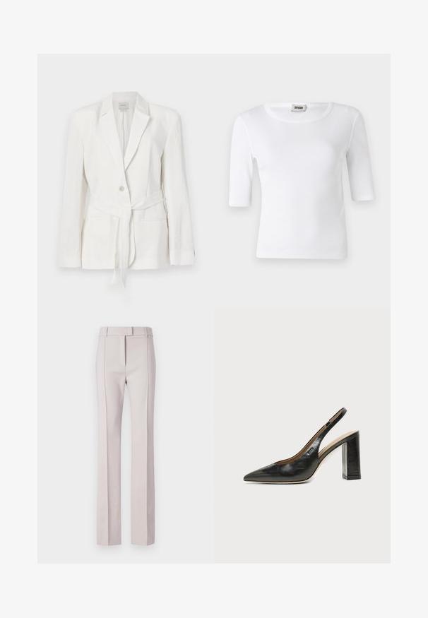 Blazer en lin blanc avec une fermeture à un bouton, revers crantés et une ceinture en tissu. Comprend deux poches avant et une finition texturée.; T-shirt blanc à côtes avec un col rond et des manches mi-longues. Fabriqué en matériau doux avec une texture lisse. Étiquette visible au niveau du col.; Pantalons ajustés rose clair avec une coupe droite, dotés d'une fermeture à bouton, de deux poches avant et de plis marqués pour la structure.; Chaussure slingback en cuir noir à bout pointu avec un talon bloc haut et une doublure intérieure beige sur un fond clair uni.