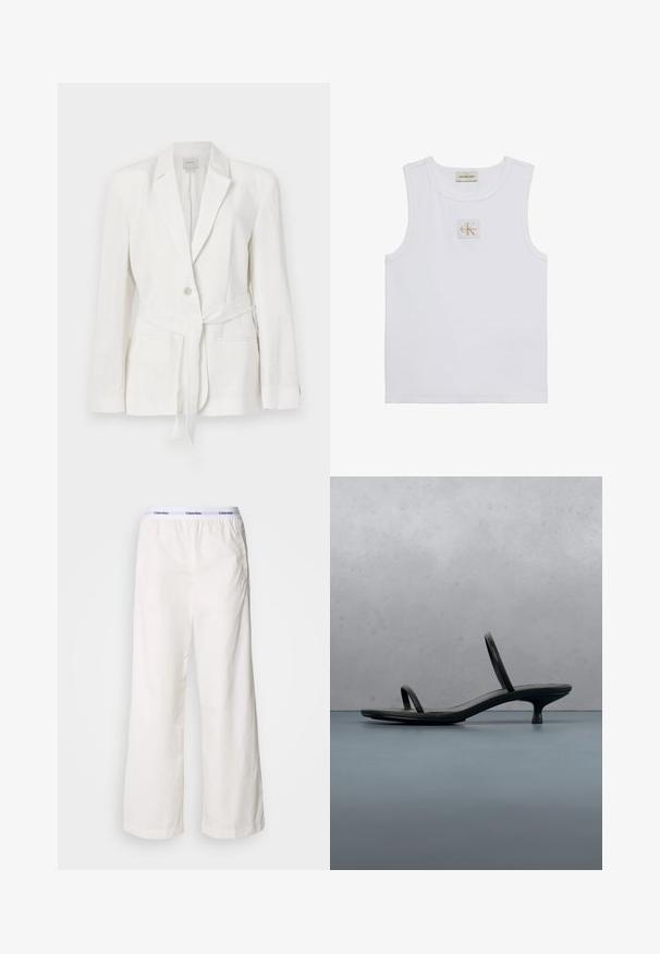 Blazer en lin blanc avec une fermeture à un bouton, revers crantés et une ceinture en tissu. Comprend deux poches avant et une finition texturée.; Débardeur blanc sans manches avec étiquette Calvin Klein Jeans sur la poitrine et une étiquette près de l'encolure sur fond blanc uni.; Pantalons larges blancs avec une taille élastique arborant un logo Calvin Klein en contraste. Fabriqués à partir d'un tissu lisse, ils offrent une coupe décontractée.; Sandale à talon Calvin Klein noire avec des lanières fines, posée sur des carreaux en bois en plein air près d'un mur et de la verdure.