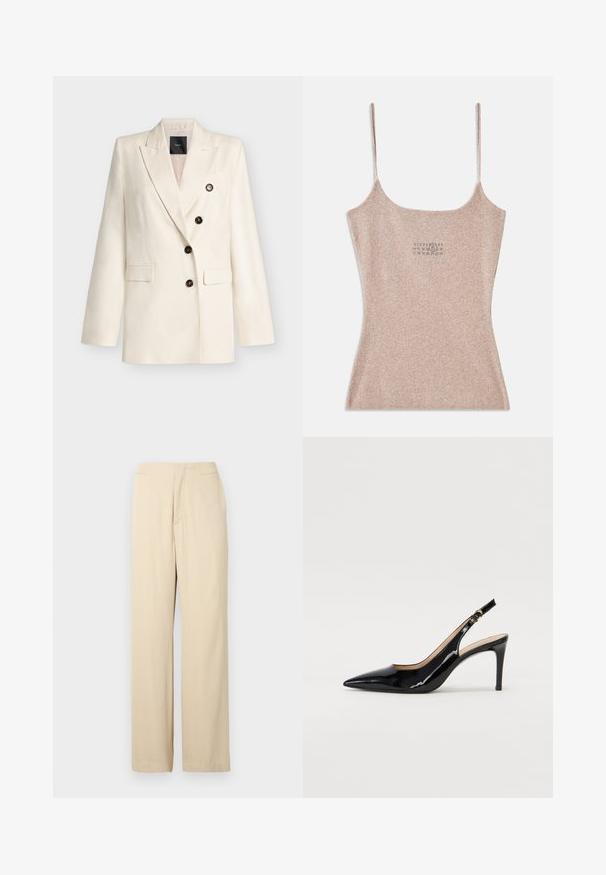 Blazer croisé crème avec de larges revers, quatre boutons foncés et deux poches avant à rabat, présenté sur un fond gris clair.; Débardeur beige à côtes avec des fines bretelles réglables. Il présente un décolleté carré et un petit motif imprimé près du centre.; Pantalon beige à jambes larges en tissu doux, présentant une coupe droite, une texture lisse et une ceinture classique avec un pli frontal détaillé.; Pompe slingback en cuir verni noir avec un bout pointu, un talon fin et un design de découpes subtil. Elle dispose d'une boucle dorée sur la sangle.