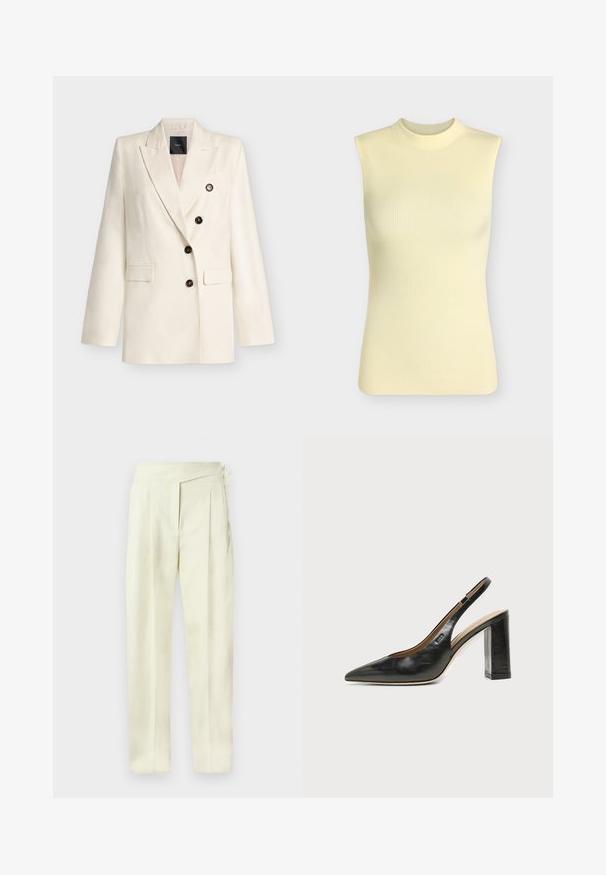 Blazer croisé crème avec de larges revers, quatre boutons foncés et deux poches avant à rabat, présenté sur un fond gris clair.; Top sans manches en maille côtelée jaune pâle avec un col rond montant, silhouette ajustée et tissu doux texturé.; Pantalon taille haute couleur crème, coupe ajustée avec plis, fermeture latérale et jambes droites, sur fond uni.; Chaussure slingback en cuir noir à bout pointu avec un talon bloc haut et une doublure intérieure beige sur un fond clair uni.