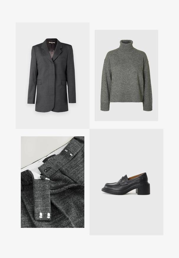 Grå blazer lavet af tekstureret stof, med en notch krave, en enkelt lomme og to forreste klaffelommer med en lige pasform.; Grå turtleneck sweater lavet af et blødt, tekstureret materiale med en afslappet pasform. Har ribbede detaljer ved krave, ærmer og kant. Enkel design.; Grå strukturerede bukser med knaplukning, lynlås og ekstra kroge, samt sølvfarvede detaljer på taljen og indvendig foring.; Sorte læderloafers med en tyk, rillede gummihæl. Har en rund tå og et vandret rem over vamps. Tekstureret sål.