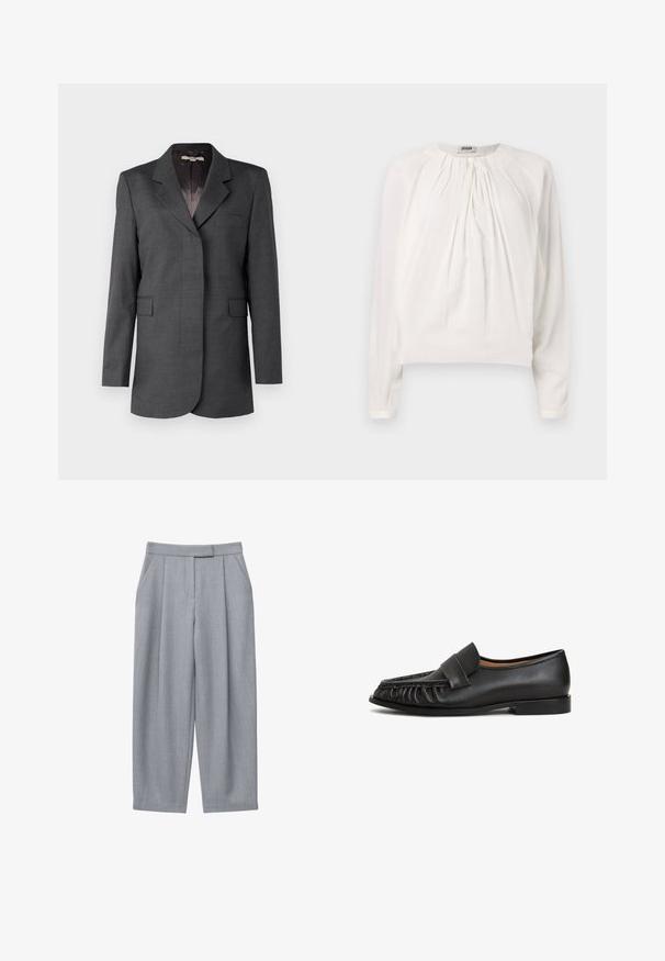 Grijze blazer van gestructureerde stof, met een reverskraag, één zak en twee voorzakken met een rechte snit.; Witte blouse met lange mouwen, ronde hals en geplooide voorkant. Zacht, glad materiaal met een comfortabele pasvorm en knoopdetails bij de kraag.; Grijze broek met een op maat gemaakt ontwerp, voorzien van plooien, zijzakken en een rechte pijp. Gladde textuur en een middenhoog tailleband.; Zwarte leren instappers met een ronde neus, geplooide details aan de voorkant en een vlakke zool. Minimalistisch ontwerp met een zachte textuur.