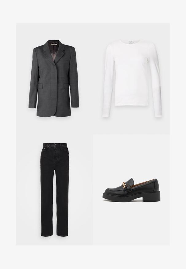 Grå blazer lavet af tekstureret stof, med en notch krave, en enkelt lomme og to forreste klaffelommer med en lige pasform.; Hvid langærmet t-shirt lavet af blødt bomuld, med en rund halsudskæring og en slim fit design med rene sømme og uden synlige mønstre.; Filippa K BAGGY TAPERED - Jeans Relaxed Fit - charcoal; Sort læderloafer med en kraftig platformsål, der har et guldbelagt kædeaccent og synlige sømdetaljer. Glat tekstur og strømlinet design.