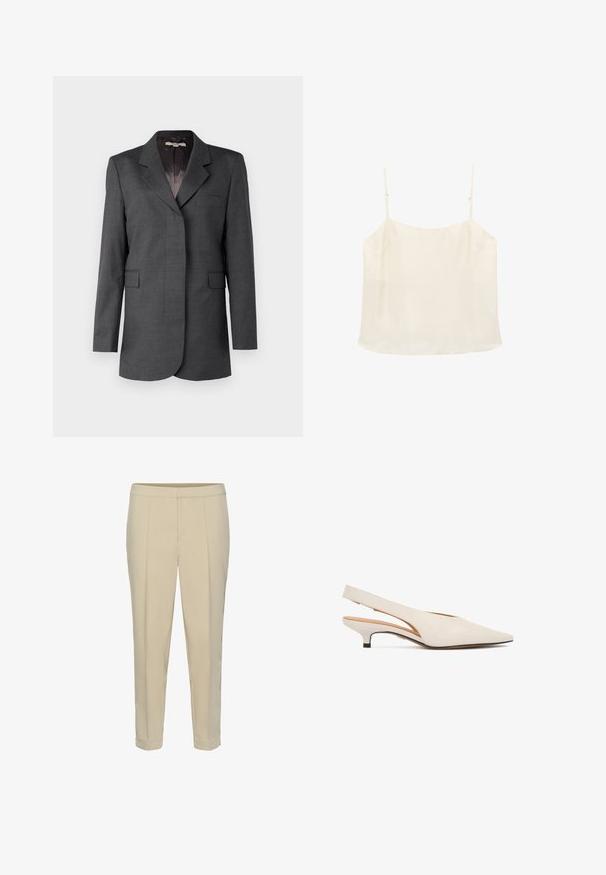 Grå blazer lavet af tekstureret stof, med en notch krave, en enkelt lomme og to forreste klaffelommer med en lige pasform.; Flødefarvet ærmeløs camisole-top med tynde justerbare stropper og en lige halsudskæring på hvid baggrund.; Beige skræddersyede bukser med lige ben, frontfald og opsmøg i kanten. Glat tekstur uden synlig hardware eller mønstre.; Kremfarvet slingback sko med spids tå og lav, buet kitten-hæl, vist fra siden på en hvid baggrund.