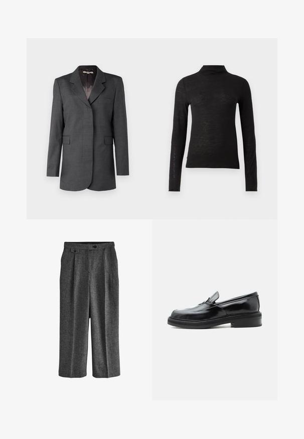 Grå blazer lavet af tekstureret stof, med en notch krave, en enkelt lomme og to forreste klaffelommer med en lige pasform.; Sort langærmet turtleneck top lavet af et struktureret materiale, med en tætsiddende pasform og minimalistisk design uden synlige mønstre eller metaldele.; Next REGULAR FIT N PREMIUM WIDE LEG PLEATED - Habitbukser - grey; Sort lædersko med lav hæl og afrundet firkantet tå, vist fra siden på en ensfarvet hvid baggrund.