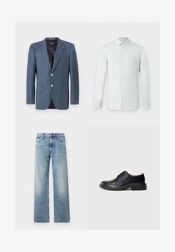 Blauer Blazer mit Muster, aus strukturiertem Stoff, zwei Knöpfen, Reverskragen und zwei Fronttaschen. Verfügt über ein gefüttertes Innenfutter für zusätzlichen Komfort.; Hellblaues Herrenhemd mit langen Ärmeln, Knopfleiste vorne und Kragen, mit dezentem Markenlogo auf der linken Brust.; Hellblaue Jeans mit geradem Bein, hohem Bund, fünf Taschen, Knopfverschluss und dezentem Verblassen an Oberschenkeln und Knien.; Schwarze Leder-Oxfords mit runder Zehenpartie, Schnürung an der Vorderseite und niedrigem, gestapeltem Absatz vor einem schlichten, hellen Hintergrund.