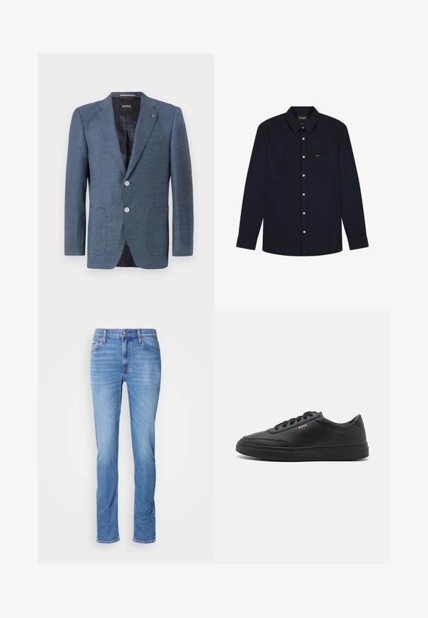 Blauer Blazer mit Muster, aus strukturiertem Stoff, zwei Knöpfen, Reverskragen und zwei Fronttaschen. Verfügt über ein gefüttertes Innenfutter für zusätzlichen Komfort.; Langärmliges, schwarzes Hemd mit Knöpfen, Kragen, Brusttasche, weißen Knöpfen und Wrangler-Logo auf der Tasche sowie dem Kragenetikett.; Herrenblaue Denim-Jeans mit geradem Schnitt, Vorder- und Gesäßtaschen und einem kleinen Calvin Klein-Label nahe der vorderen rechten Tasche.; Schwarze Leder-Sneaker mit glatter Textur, runder Zehenpartie, flacher Gummisohle und einfarbigen Schnürsenkeln. Mit goldfarbenem "BOSS" Logo an der Seite.