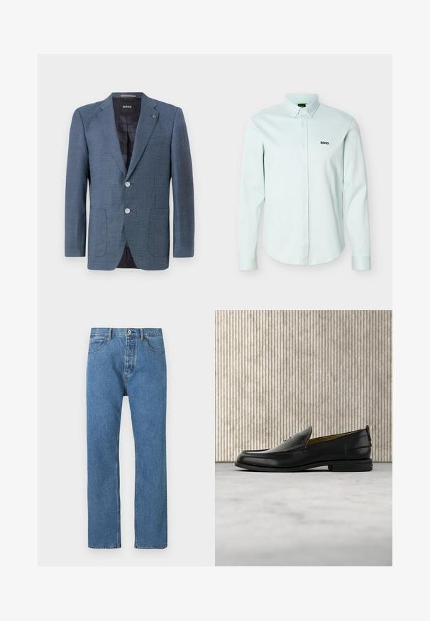 Blauer Blazer mit Muster, aus strukturiertem Stoff, zwei Knöpfen, Reverskragen und zwei Fronttaschen. Verfügt über ein gefüttertes Innenfutter für zusätzlichen Komfort.; Hellblaues Langarmhemd mit durchgehender Knopfleiste und geknöpftem Kragen, mit schwarzem "BOSS"-Logo auf der linken Brust.; Hellblaue Jeans aus Denim mit geradem Schnitt, fünf Taschen, Knopfverschluss und dezenten Steppnähten entlang der Nähte.; Schwarzer Herren-Slipper aus Leder mit einer krokogeprägten Vorderkappe und einem niedrigen Absatz, im Profil vor neutralem Hintergrund gezeigt.