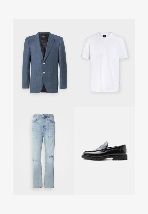Blauer Blazer mit Muster, aus strukturiertem Stoff, zwei Knöpfen, Reverskragen und zwei Fronttaschen. Verfügt über ein gefüttertes Innenfutter für zusätzlichen Komfort.; Schlichtes weißes T-Shirt mit kurzen Ärmeln und Rundhalsausschnitt, mit einem kleinen schwarzen Markenetikett am Kragen und dezenter Stoffstruktur.; Hellblaue Jeans mit legerer Passform, featuring distressed Stellen und fransigen Kanten. Der Stoff hat eine weiche, glatte Textur.; Schwarzer Lederloafer mit grober Gummisohle, genähter Oberseite und geprägtem Markennamen an der Ferse, seitlich auf weißem Hintergrund gezeigt.