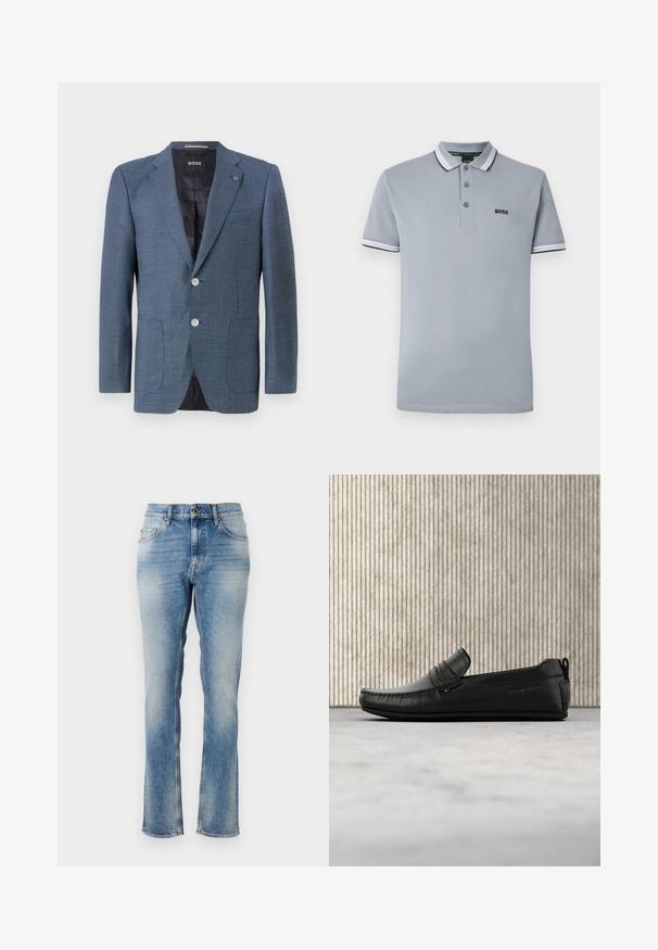 Blauer Blazer mit Muster, aus strukturiertem Stoff, zwei Knöpfen, Reverskragen und zwei Fronttaschen. Verfügt über ein gefüttertes Innenfutter für zusätzlichen Komfort.; Hellgraues Polohemd mit drei Knöpfen, zweifarbiger Borte am Kragen und an den Ärmeln sowie einem kleinen schwarzen "BOSS"-Logo auf der Brust.; Helle blaue Jeans mit geradem Bein, die über subtile Verwaschungen, fünf Taschen und gestickte Akzente am Bund und den Säumen verfügen.; Schwarzer Leder-Slipper schwebt über beigem Teppich mit einem geschwungenen, bernsteinbraunen Möbelstück im Hintergrund.