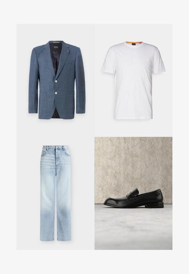 Blauer Blazer mit Muster, aus strukturiertem Stoff, zwei Knöpfen, Reverskragen und zwei Fronttaschen. Verfügt über ein gefüttertes Innenfutter für zusätzlichen Komfort.; Weißes Baumwoll-T-Shirt mit Rundhalsausschnitt, kurzen Ärmeln und einem dezenten geprägten Logo auf der Brust. Das Innenschild hat einen orangefarbenen Akzent.; Hellblaue, hoch taillierte Jeans mit geradem Bein, Fronttaschen, Gürtelschlaufen und einem Knopfverschluss.; Schwarzer Leder-Loafer mit Metallakzent, der schwebend über einem beigen Teppich präsentiert wird, im Hintergrund ein runder, bernsteinfarbener Tisch.
