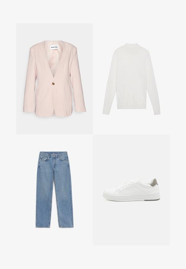 Blazer rose clair avec un décolleté en V profond, fermeture à un bouton doré unique et manches longues. Présente une coupe ajustée et une texture subtile.; Pull-over blanc avec un col montant, des manches longues et des poignets et un ourlet côtelés. Fabriqué en tissu tricoté doux. Design simple et ajusté.; Jeans en denim bleu clair avec une coupe droite, cinq poches et un délavage subtil. Comprend un bouton-pression et des détails de couture le long des coutures.; Basket blanche en cuir lisse, à bout arrondi, design minimaliste, accent de talon gris et semelle en caoutchouc texturé.