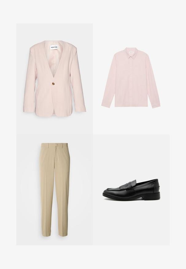 Blazer rose clair avec un décolleté en V profond, fermeture à un bouton doré unique et manches longues. Présente une coupe ajustée et une texture subtile.; Chemise à manches longues boutonnière rose clair avec un col pointu, fabriquée en tissu lisse, dotée d'une fermeture à boutons sur le devant et d'un design minimaliste.; Pantalon beige à jambes droites, confectionné dans un tissu lisse, avec un devant plat et sans poches ni ornements visibles.; Mocassin homme en cuir noir avec détail pompon, bout arrondi, talon bas et finition polie lisse, montré de profil sur fond blanc.