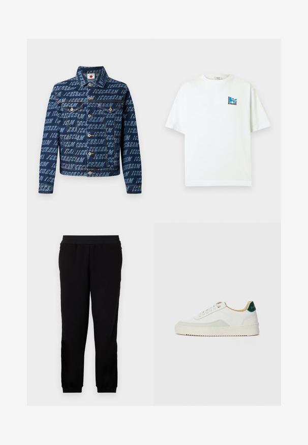 Mørkeblå denimjakke med gentaget "ICECREAM" tekstmønster, knaplukning, to brystlommer og klassisk kravedesign.; Hvid T-shirt med korte ærmer, med lille blåt rævlogo og teksten "Maison Kitsuné 2062 Paris" på øverste venstre bryst.; Sorte sweatpants lavet af et blødt materiale, med et elastisk liv, tætsiddende manchetter og sidelommer for ekstra bekvemmelighed.; Hvide sneakers med ruskindsdetaljer, rund tå, flade snørebånd og en cremet gummisål. Har grøn branding på hælen.