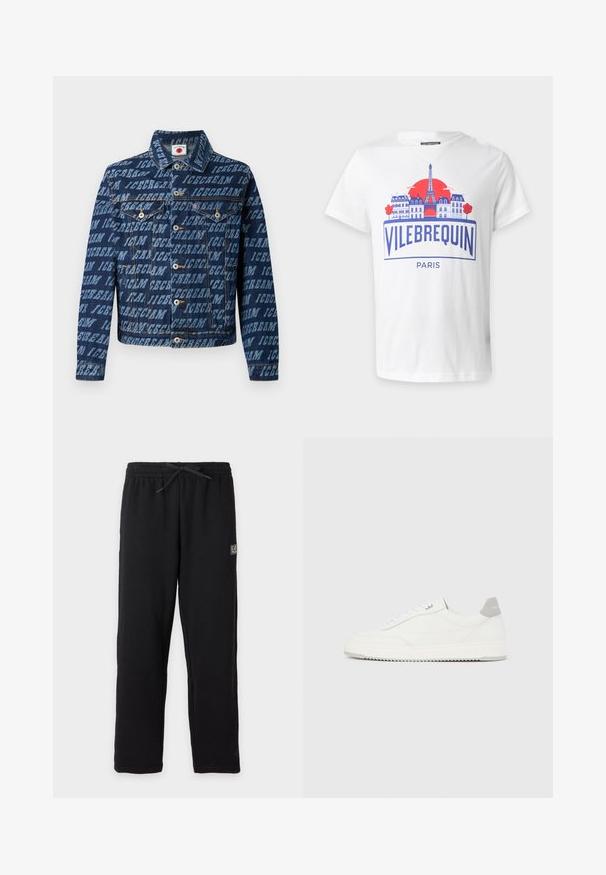 Mørkeblå denimjakke med gentaget "ICECREAM" tekstmønster, knaplukning, to brystlommer og klassisk kravedesign.; Hvid T-shirt med blå og rød grafik af bygninger i Paris, Eiffeltårnet, rød sol og teksten "Vilebrequin Paris" på forsiden.; Sorte joggingbukser med elastisk talje og snøre, med et lille rektangulært EA7-logo på øvre venstre lår.; Hvid lavtop-sneaker med gråt hælflig, hvide snørebånd og tekstureret sål, vist på en ensfarvet lys baggrund.