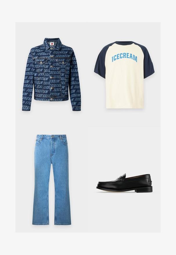 Chaqueta de mezclilla en azul oscuro con un patrón de texto repetido "ICECREAM", cierre de botones, dos bolsillos en el pecho y un diseño de cuello clásico.; Camiseta corta de manga corta color crema con mangas raglán azul marino, que presenta "ICECREAM" en texto azul en forma de arco en la parte delantera. Material de algodón.; Vaqueros azul claro de mezclilla acampanados con cintura alta, cinco bolsillos y un sutil desgaste. Presentan detalles de costuras y cierre de botón.; Mocasín masculino de cuero negro con tacón bajo y costura estilo mocasín en la puntera, mostrado de lado sobre un fondo liso.