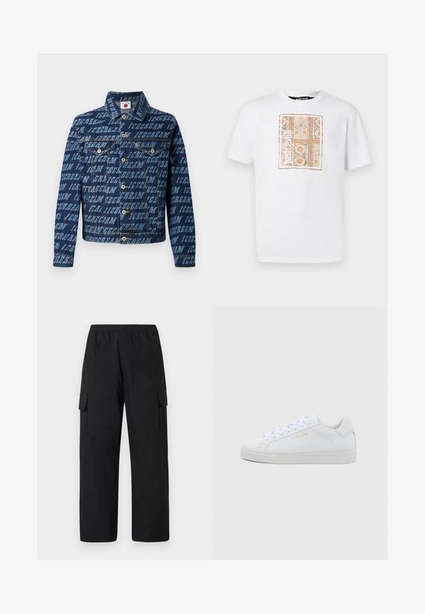 Mørkeblå denimjakke med gentaget "ICECREAM" tekstmønster, knaplukning, to brystlommer og klassisk kravedesign.; Hvid T-shirt med korte ærmer og et farverigt, udsmykket rektangulært mønster samt lodret "JUST CAVALLI" tekst på midten foran.; Sorte cargobukser med elastisk talje, der har to sidelommer samt et løst design med lige ben. Fremstillet af et letvægtsmateriale.; Hvide sneakers i lav model og læder med rund snude, flade snørebånd, tekstureret sål og diskret guldfarvet logo på siden. Glat overflade og minimalistisk design.