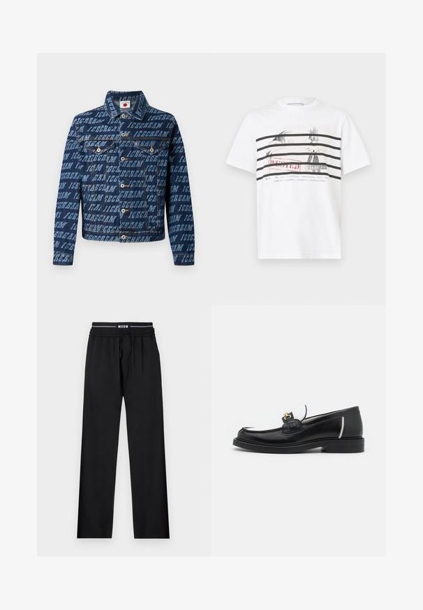 Mørkeblå denimjakke med gentaget "ICECREAM" tekstmønster, knaplukning, to brystlommer og klassisk kravedesign.; Hvid bomuld T-shirt med sorte, vandrette striber og et grafisk tryk af fugle med rødt "BUSTED"-tekst og yderligere tekst nedenunder.; Sorte bukser med en afslappet pasform, elastisk talje, justerbar snøre og sidelommer. Fremstillet af glat stof uden mønstre.; Sort læder loafers med rund tå, hvide detaljer og guldbelagte metaldele på vamps. Har et struktureret patch og stablet hæl.