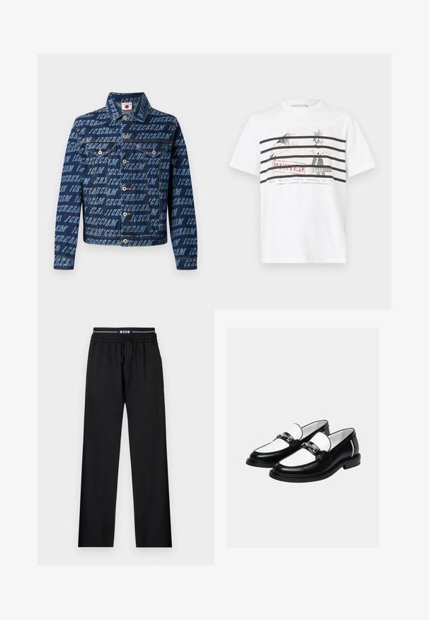 Mørkeblå denimjakke med gentaget "ICECREAM" tekstmønster, knaplukning, to brystlommer og klassisk kravedesign.; Hvid bomuld T-shirt med sorte, vandrette striber og et grafisk tryk af fugle med rødt "BUSTED"-tekst og yderligere tekst nedenunder.; Sorte bukser med en afslappet pasform, elastisk talje, justerbar snøre og sidelommer. Fremstillet af glat stof uden mønstre.; Par sorte og hvide læder loafers med guldkæde på toppen, sat mod en ensartet lys baggrund.