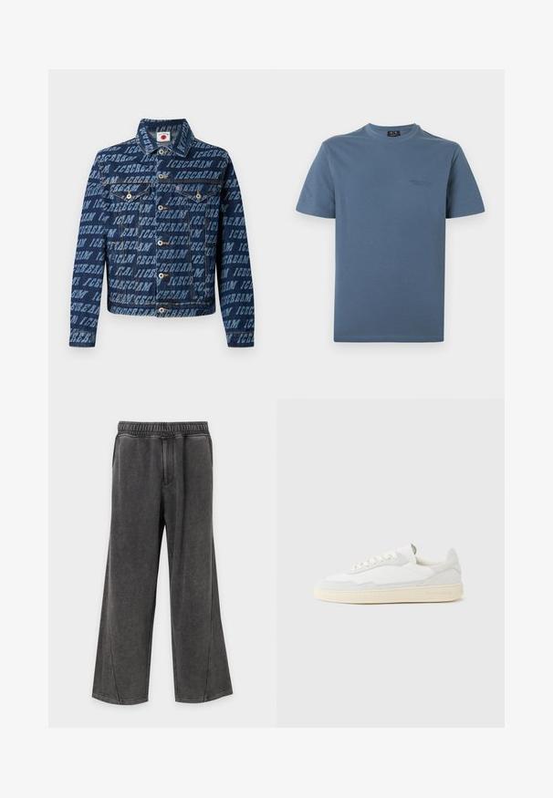 Donkere spijkerjas met herhaaldelijk "ICECREAM" tekstpatroon, knoopsluiting, twee borstzakken en een klassieke kraag.; Blauw T-shirt met korte mouwen en een ronde hals, met een subtiel Armani Exchange-logo op de linkerborst tegen een witte achtergrond.; Donkergrijze broek met wijde pijpen, een elastische tailleband en twee zijzakken, gemaakt van zachte, comfortabele stof.; Witte sneaker met een bovenwerk van gestructureerd suède en leer. Voorzien van een afgeronde neus, vetersluiting en een contrasterende beige rubberen zool.
