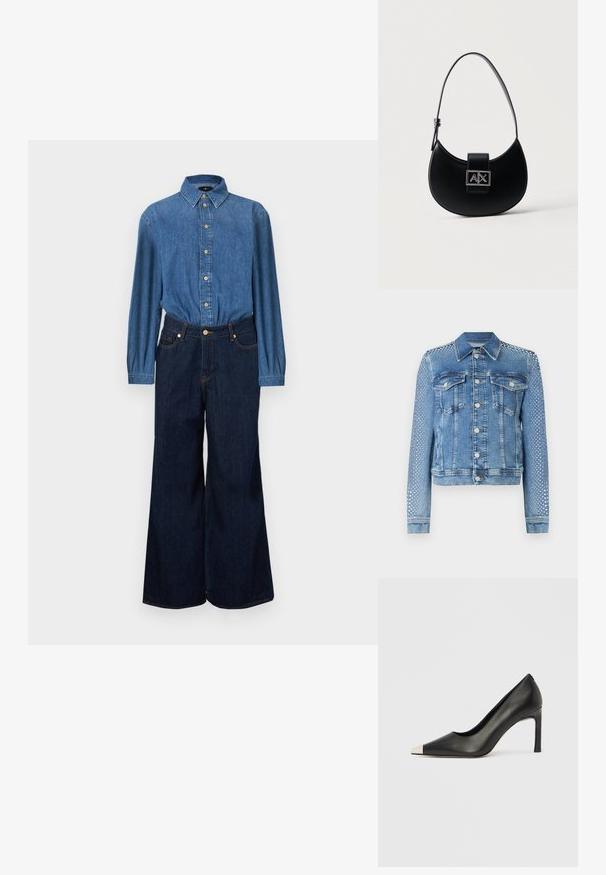 Chaqueta de mezclilla en azul claro con cuello clásico, bolsillos en el pecho y mangas largas. Las mangas presentan acentos metálicos con tachuelas para un aspecto texturizado.; Camisa vaquera con botones en la parte delantera, tela azul y mangas largas combinada con vaqueros de talle alto y pierna ancha en azul oscuro. Costuras en contraste visibles.; Zapato de tacón alto de cuero negro con punta en forma de pico y una tapa metálica plateada. Presenta un acabado suave y un tacón delgado de 10 cm.; Bolso negro en forma de media luna con una correa ajustable única y un broche con el logo A|X plateado en la solapa frontal.