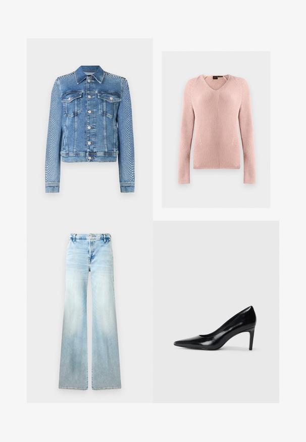 Chaqueta de mezclilla en azul claro con cuello clásico, bolsillos en el pecho y mangas largas. Las mangas presentan acentos metálicos con tachuelas para un aspecto texturizado.; Jersey de punto rosa claro con escote en V, mangas largas y textura acanalada, presentado plano sobre un fondo gris claro.; Jeans acampanados de color azul claro, confeccionados en denim. Presentan un lavado desvaído, bolsillos estándar y un cierre de botón en la cintura.; Zapato de tacón alto de cuero negro con punta afilada, textura suave y tacón en forma de cono. Diseño minimalista, sin adornos adicionales.