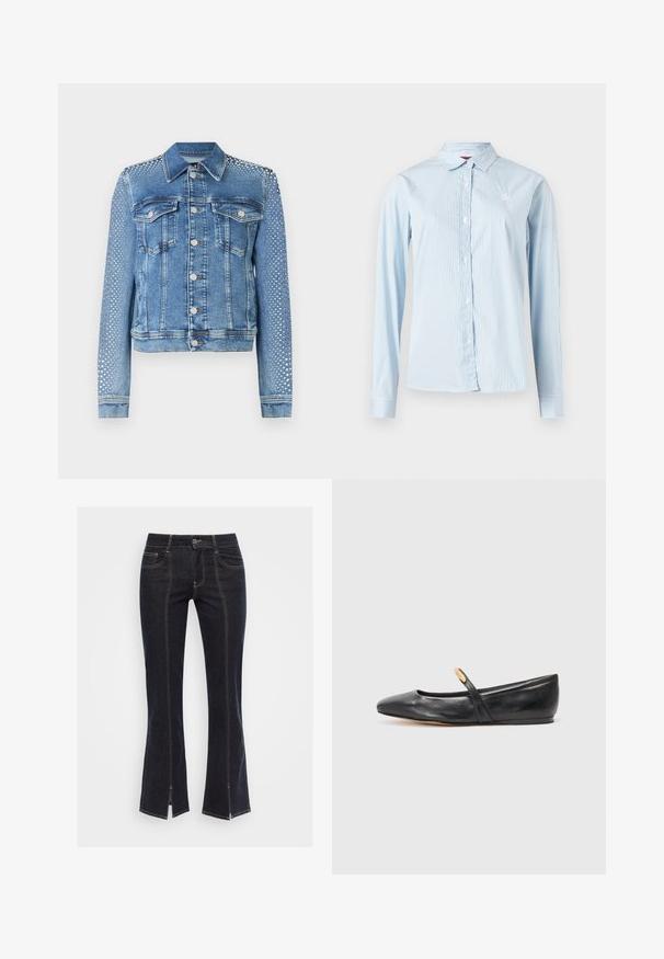 Jeansjacke in hellblau mit klassischem Kragen, Brusttaschen und langen Ärmeln. Die Ärmel sind mit metallischen Nietenverzierungen versehen, die einen strukturierten Look verleihen.; Hellblaues langärmeliges Hemd mit vertikalen weißen Streifen, durchgehend mit Knöpfen, spitzem Kragen und kleinem Logodetail auf der Brust.; Dunkelblaue Jeans im Bootcut-Stil mit vorderen Taschen, sichtbaren Nähten und gespaltenen Säumen am unteren Ende. Mit einem klassischen Bund und einem Metallknopf versehen.; Schwarze Leder-Ballettschuhe mit spitzem Zehenbereich, schlankem Riemen und einem kleinen goldenen Akzent nahe dem Riemen. Glatte Textur und niedriger Absatz.