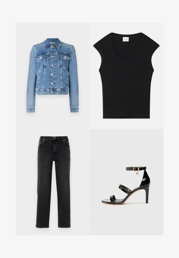 Chaqueta de mezclilla en azul claro con cuello clásico, bolsillos en el pecho y mangas largas. Las mangas presentan acentos metálicos con tachuelas para un aspecto texturizado.; Top negro sin mangas hecho de una tela suave con un escote redondeado y forma ajustada. Presenta una etiqueta con la inscripción "CLOSED" en el cuello.; Vaqueros de mezclilla negra con un corte recto. Cuentan con un cierre de botón, diseño de cinco bolsillos y detalles de costura mínimos. Textura suave.; Sandalia de charol negro con tres correas, hebilla en el tobillo y tacón de aguja de 10 cm. Presenta detalles de hardware en oro y un charm con el logo.