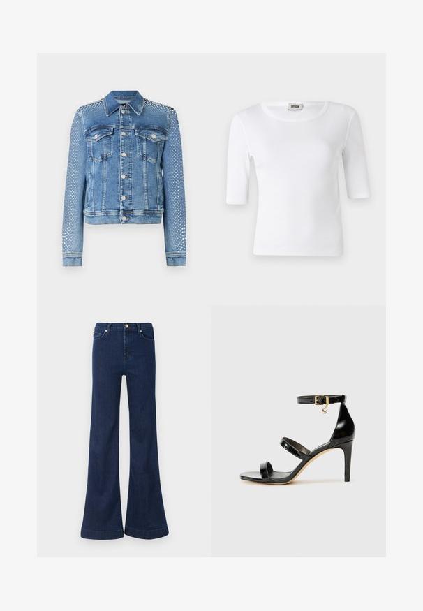 Jeansjacke in hellblau mit klassischem Kragen, Brusttaschen und langen Ärmeln. Die Ärmel sind mit metallischen Nietenverzierungen versehen, die einen strukturierten Look verleihen.; Weißes, geripptes T-Shirt mit rundem Ausschnitt und Ärmeln bis zum Ellbogen. Hergestellt aus einem weichen Material mit glatter Textur. Etikett am Ausschnitt sichtbar.; Dunkelblaue Schlagjeans aus Denim, mit einem hohen Bund, subtilen Abnutzungserscheinungen und goldenen Beschlägen an den Fronttaschen und dem Verschluss.; Schwarze Lackleder-Sandale mit drei Riemen, Knöchelriemen und 10 cm hohen Stiletto-Absatz. Verfügt über goldfarbene Hardware-Details und ein Logo-Charm.
