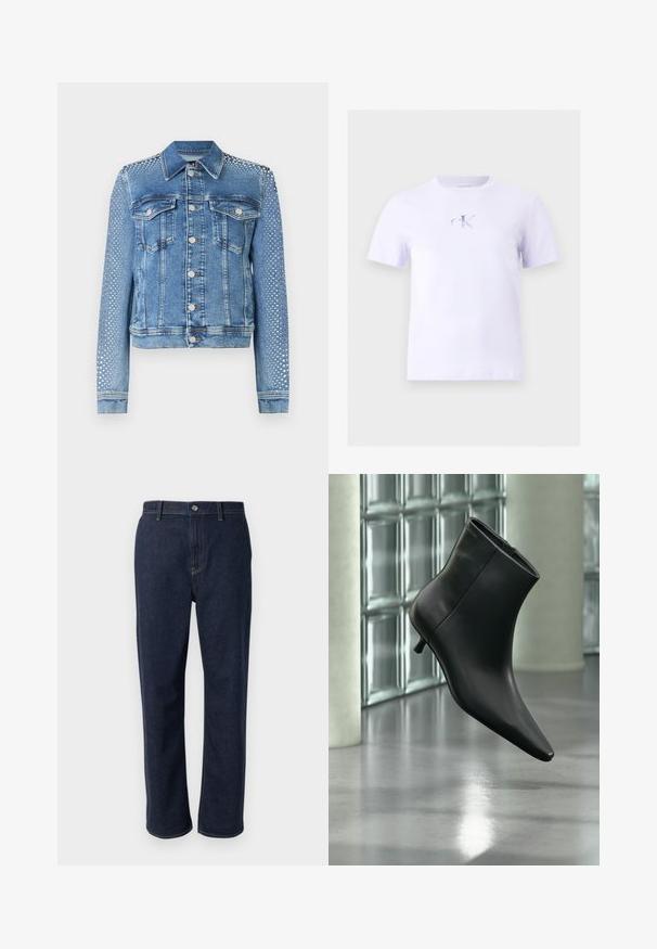 Lys blå denimjakke med klassisk krave, brystlommer og lange ærmer. Ærmerne har metallisk nittetilbehør for et tekstureret udseende.; Hvid T-shirt med korte ærmer og rund hals, med det centrerede "CK Calvin Klein Jeans" logo i lysegrå på brystet.; Mørkeblå denim jeans med lige ben, der har en lynlås, forlommer og synlig syning i en kontrastfarve.; Sort læderankelstøvle med spids tå og lav kitten-hæ, vist vinklet mod en poleret gulv- og glasblokvæg.