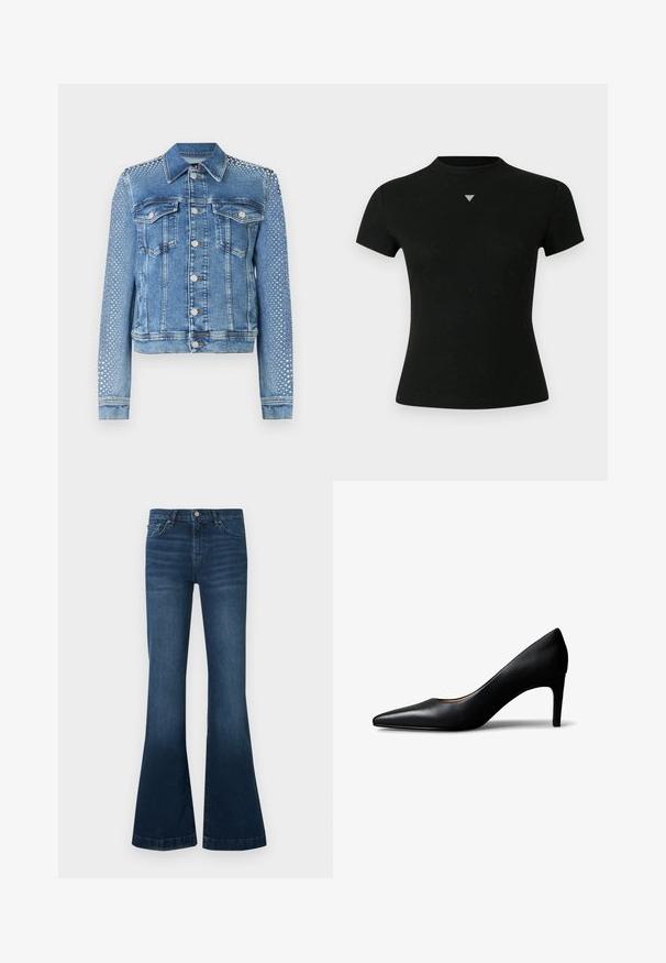 Lys blå denimjakke med klassisk krave, brystlommer og lange ærmer. Ærmerne har metallisk nittetilbehør for et tekstureret udseende.; Sort kortærmet T-shirt lavet af blødt stof med rund halsudskæring og et lille dekorativt trekantet logo på brystet.; Mørkeblå denimjeans med vidde ben, fem lommer og lukning med knap og lynlås i taljen.; Sort damesko i læder med spids snude og mellemhøj hæl, vist fra siden på en hvid baggrund.