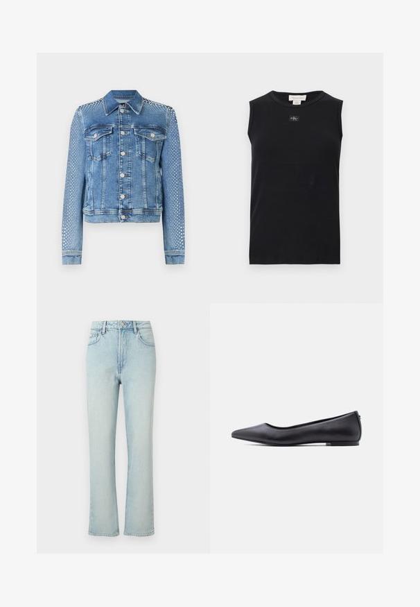 Jeansjacke in hellblau mit klassischem Kragen, Brusttaschen und langen Ärmeln. Die Ärmel sind mit metallischen Nietenverzierungen versehen, die einen strukturierten Look verleihen.; Schwarzes, ärmelloses, geripptes Tanktop mit rundem Ausschnitt und kleinem Calvin Klein Logo-Patch mittig unter dem Kragen.; Hellblaue Jeans mit hoher Taille und geradem Bein, vorne mit Knopf, Gürtelschlaufen und klassischem Fünf-Taschen-Design auf einfarbigem Hintergrund.; Schwarzer flacher Lederschuh mit spitzer Kappe und niedrigem Absatz, seitlich vor weißem Hintergrund gezeigt.