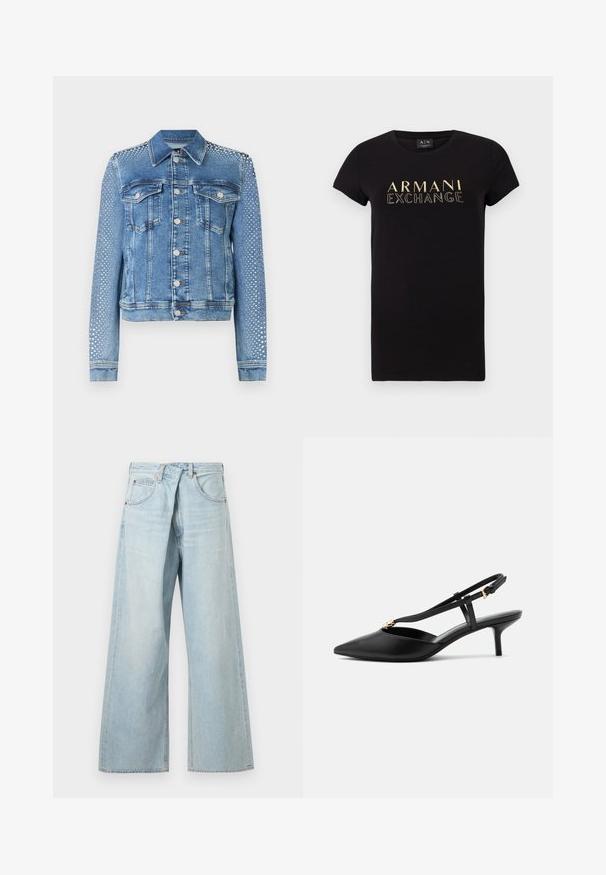 Jeansjacke in hellblau mit klassischem Kragen, Brusttaschen und langen Ärmeln. Die Ärmel sind mit metallischen Nietenverzierungen versehen, die einen strukturierten Look verleihen.; Schwarzes T-Shirt mit kurzen Ärmeln und Rundhalsausschnitt, mit einem goldenen „ARMANI EXCHANGE“-Logo auf der Vorderseite bedruckt. Aus Baumwollmaterial.; Hellblaue Jeans mit weitem Bein, Gürtelschlaufen und Vordertaschen, von vorne auf einfachem Hintergrund dargestellt.; Schwarzer Leder-Slingback-Kitten-Heel mit spitz zulaufender Spitze, schlankem T-Riemen, verstellbarer Schnalle und kleiner goldener Verzierung am Riemen.