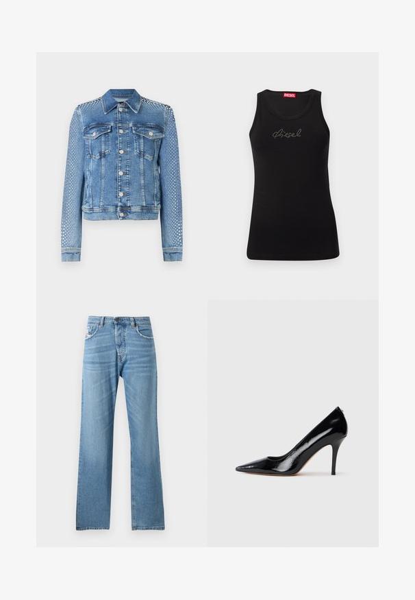 Chaqueta de mezclilla en azul claro con cuello clásico, bolsillos en el pecho y mangas largas. Las mangas presentan acentos metálicos con tachuelas para un aspecto texturizado.; Camiseta negra sin mangas con el logo "Diesel" en pedrería en el pecho y etiqueta de marca roja en el interior del escote.; Jeans de mezclilla azul claro con un diseño de pierna recta, que presentan una cintura estándar, cinco bolsillos y un desvanecimiento sutil en la tela.; Zapato de salón de charol negro con tacón alto y punta afilada, con textura suave y tacón de aguja delgado. Sin herrajes visibles.