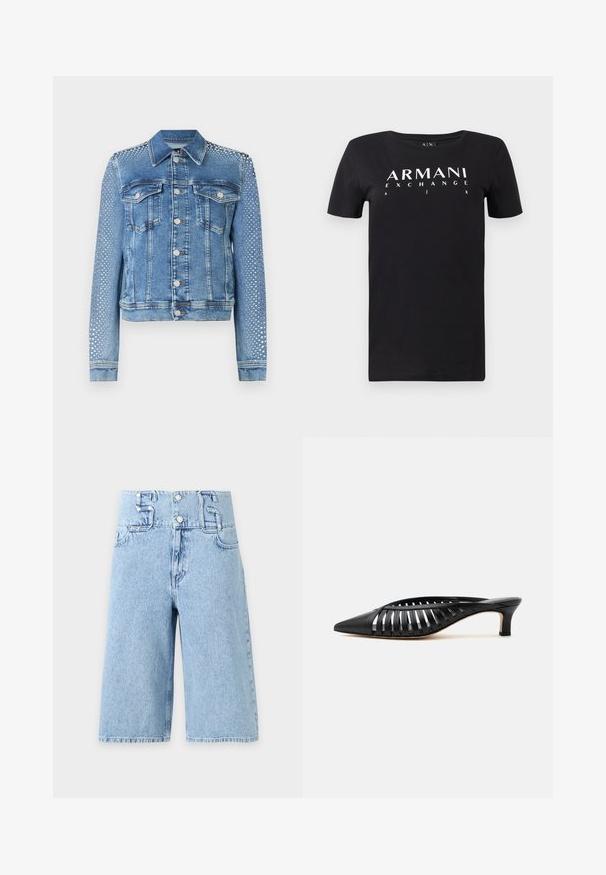 Jeansjacke in hellblau mit klassischem Kragen, Brusttaschen und langen Ärmeln. Die Ärmel sind mit metallischen Nietenverzierungen versehen, die einen strukturierten Look verleihen.; Schwarzes kurzärmeliges T-Shirt mit weißem Schriftzug "ARMANI EXCHANGE A I X" mittig auf der Brust, Rundhalsausschnitt und schlichtem Design.; Hellblaue High-Waist-Jeansshorts mit weitem Bein, vordere Knopfleiste und großen Gürtelschlaufen in Form der Zahlen fünf und sechs.; Schwarze Leder-Mule mit spitzer Schuhspitze, Riemchen-Design und niedrigem Kittenheel auf weißem Hintergrund.