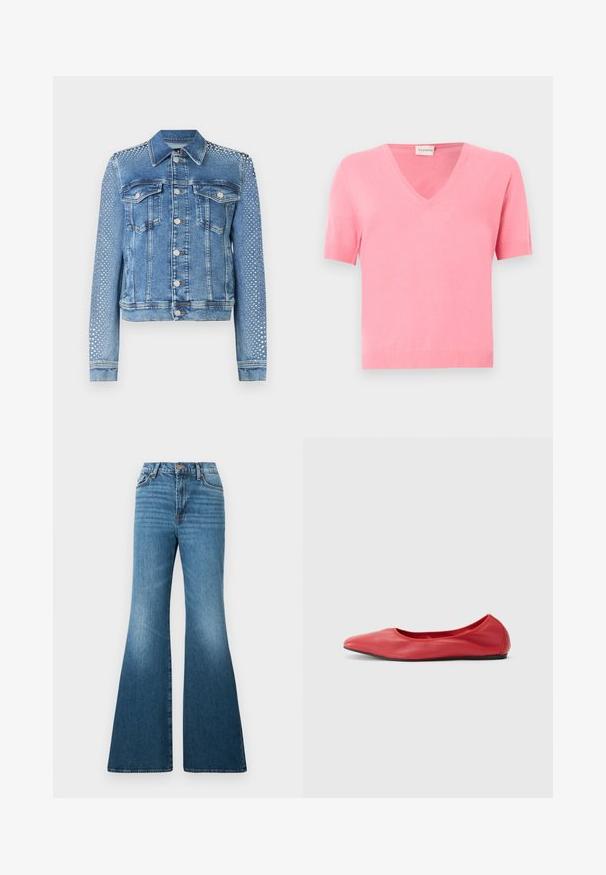 Jeansjacke in hellblau mit klassischem Kragen, Brusttaschen und langen Ärmeln. Die Ärmel sind mit metallischen Nietenverzierungen versehen, die einen strukturierten Look verleihen.; Rosa kurzärmeliger V-Ausschnitt-Pullover mit gerippten Bündchen und Saum, dargestellt auf einem hellgrauen Hintergrund.; Blaue Schlagjeans aus Denim mit hoher Taille, dezentem Verblassen und Nahtdetails an Taschen und Nähten.; Filippa K REY FLATS - Klassischer Ballerina - bright red