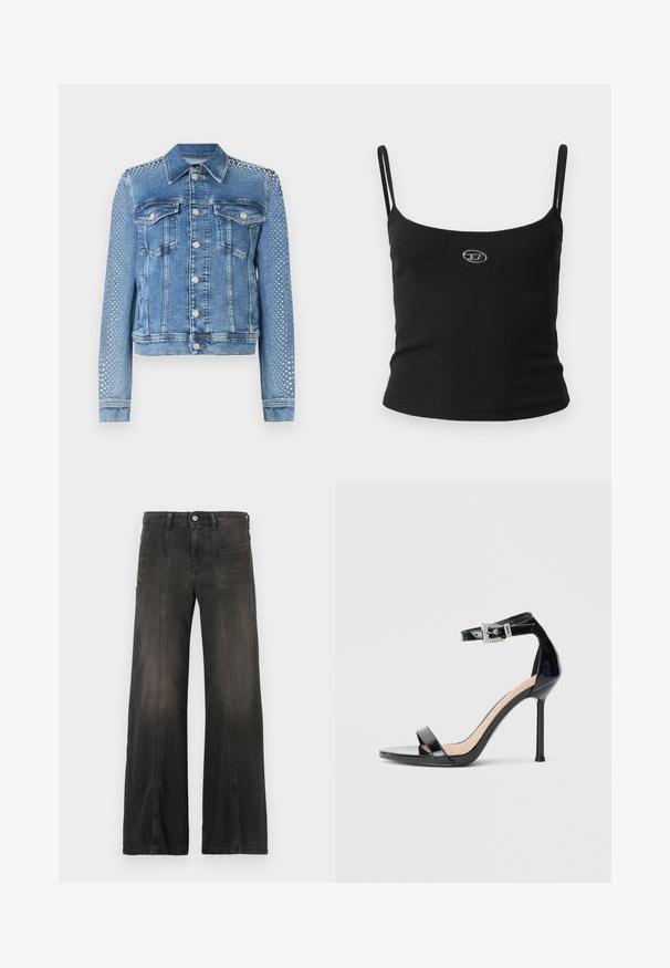Jeansjacke in hellblau mit klassischem Kragen, Brusttaschen und langen Ärmeln. Die Ärmel sind mit metallischen Nietenverzierungen versehen, die einen strukturierten Look verleihen.; Schwarzes, geripptes Camisole-Oberteil mit dünnen Trägern und einem kleinen metallischen Logo in der Mitte. Der Stoff wirkt dehnbar und figurbetont.; Schwarze Jeans mit weitem Bein aus Denim mit ausgewaschenem Finish, ausgestattet mit zwei Fronttaschen und Ziernähten entlang der Nähte. Hoch tailliertes Design.; Schwarzer Riemchensandale aus Lackleder mit hohem Absatz und Knöchelriemen. Verfügt über ein minimalistisches Design, offene Zehenpartie und eine Schnalle mit Strassakzenten.