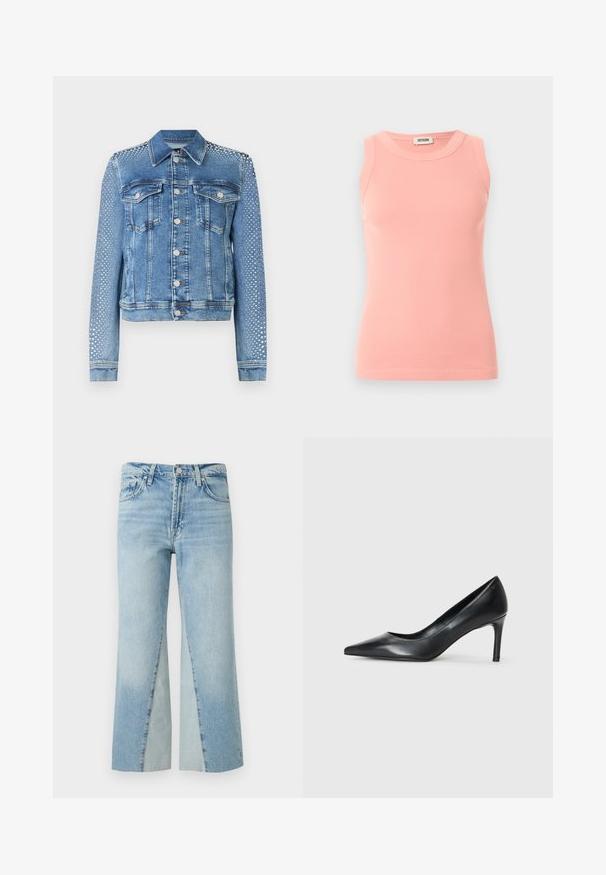 Chaqueta de mezclilla en azul claro con cuello clásico, bolsillos en el pecho y mangas largas. Las mangas presentan acentos metálicos con tachuelas para un aspecto texturizado.; Camiseta sin mangas de punto acanalado en color rosa con cuello redondo y etiqueta Drykorn en la parte posterior del cuello, exhibida sobre un fondo liso claro.; Vaqueros de mezclilla azul claro con tiro alto, cierre de botón y cremallera, bolsillos delanteros y piernas anchas y rectas.; Zapato de tacón negro de cuero con punta afilada y un tacón delgado, textura suave y sin adornos visibles. Diseño limpio con una estética minimalista.