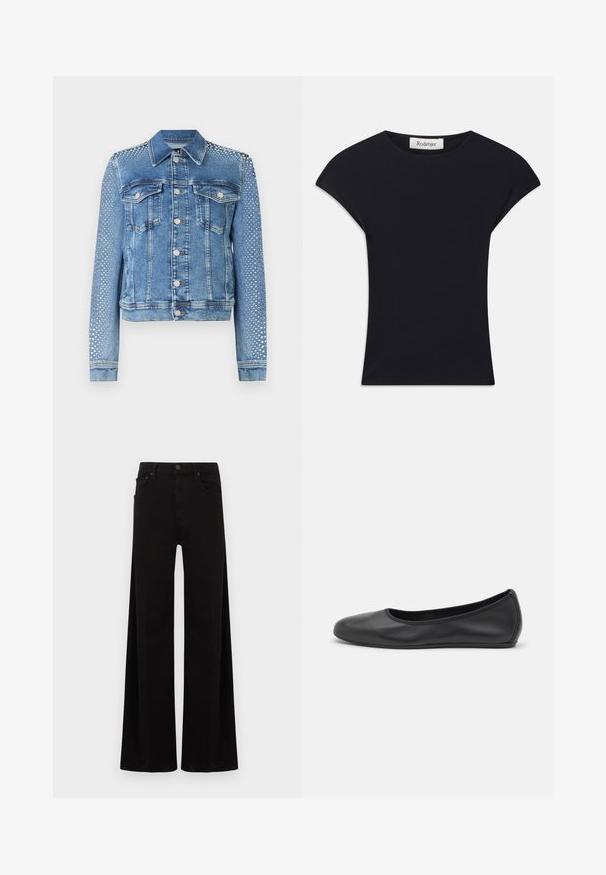 Lichte blauwe denimjacket met klassieke kraag, borstzakken en lange mouwen. Mouwen hebben metalen studs voor een textuurvolle uitstraling.; Zwarte korte mouwen top van zacht stof, met een ronde halslijn en een aansluitende vorm met subtiele schouderaccenten. Etiket zichtbaar.; Zwarte wijde broekspijpen van denim, met een hoge taille, voorzakken en een eenvoudige metalen knoopsluiting.; Zwarte leren ballerina met een ronde neus, gladde textuur, minimale stikdetails en een flexibele zoolontwerp.