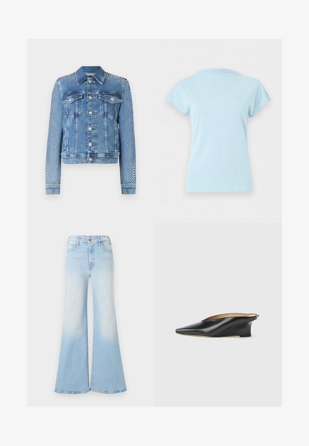 Lys blå denimjakke med klassisk krave, brystlommer og lange ærmer. Ærmerne har metallisk nittetilbehør for et tekstureret udseende.; Lyseblå T-shirt med korte ærmer og rund hals, vist fladt uden synlige logoer eller mønstre på en ensfarvet hvid baggrund.; Lyseblå højtaljede denimjeans med brede, flared ben, frontknaplukning samt lommer foran og bagpå.; Sort laklæder kilehæl sko med spids tå og åben hæl, der har et elegant, buet design og minimalistisk stil.