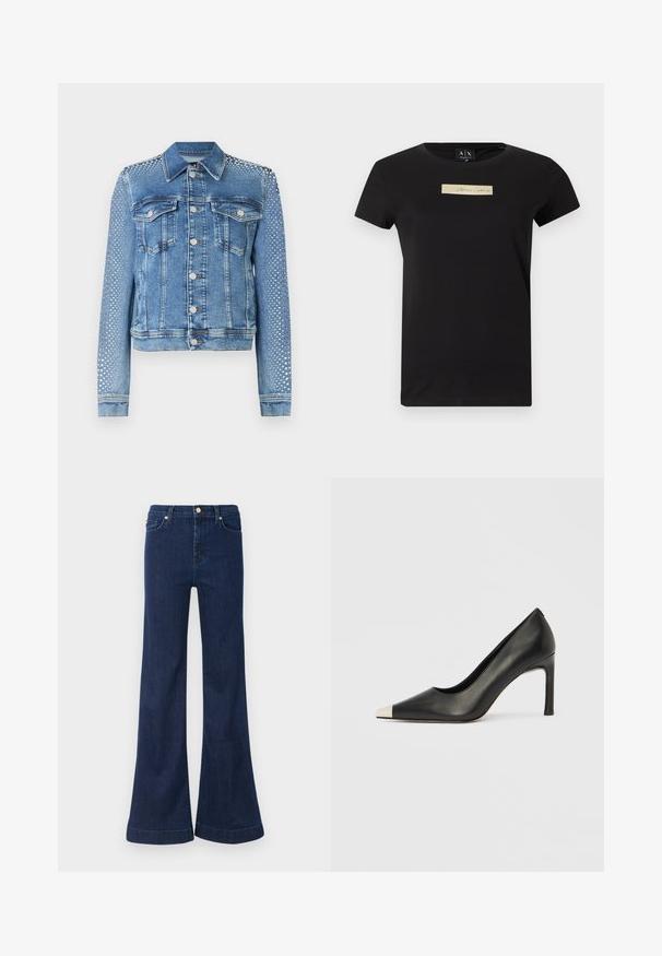 Chaqueta de mezclilla en azul claro con cuello clásico, bolsillos en el pecho y mangas largas. Las mangas presentan acentos metálicos con tachuelas para un aspecto texturizado.; Camiseta negra de manga corta con un pequeño parche rectangular beige que dice "Armani Exchange" centrado en el pecho.; Pantalones vaqueros acampanados de color azul oscuro, confeccionados en denim, con una cintura alta, sutiles desgastes y detalles en dorado en los bolsillos frontales y el cierre.; Zapato de tacón alto de cuero negro con punta en forma de pico y una tapa metálica plateada. Presenta un acabado suave y un tacón delgado de 10 cm.